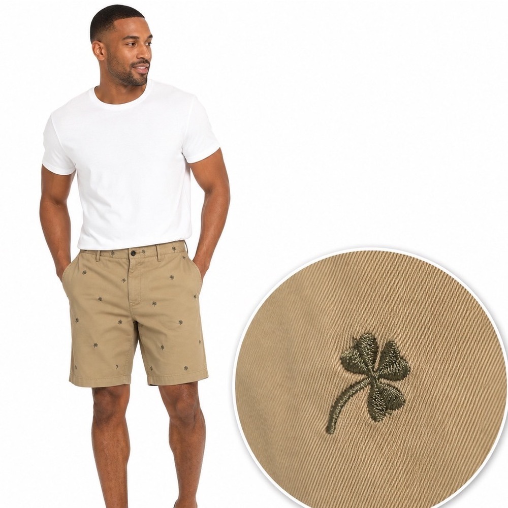 Lucky Brand Mens Khaki Twill Shorts Embroidered Clover Tan 42 Tencel NWT